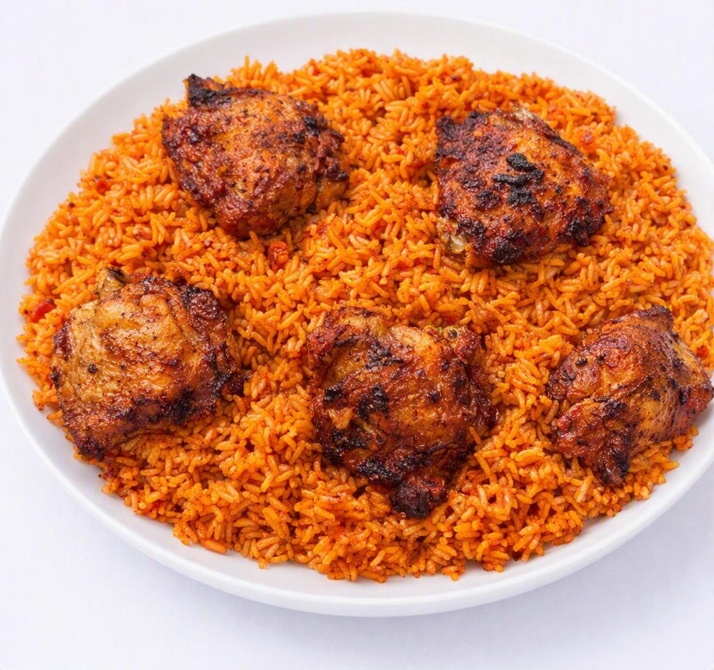 Jollof Rice + Fried Plantain + 2 Assorted Meat/Fish/Egg